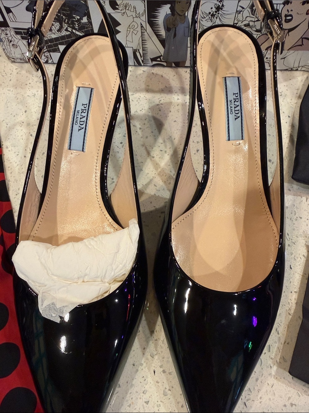 Prada Black Patent Leather Pointed Toe Slingbacks